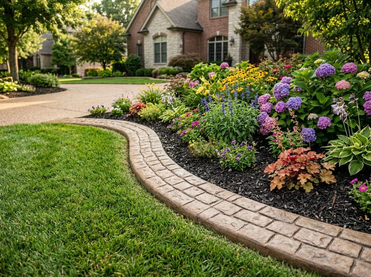 Stamped decorative concrete curbing detail in a Chesterfield, Missouri yard
