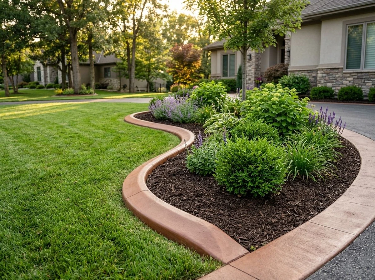 Colored concrete curbing in terracotta-brown bordering a curved garden bed