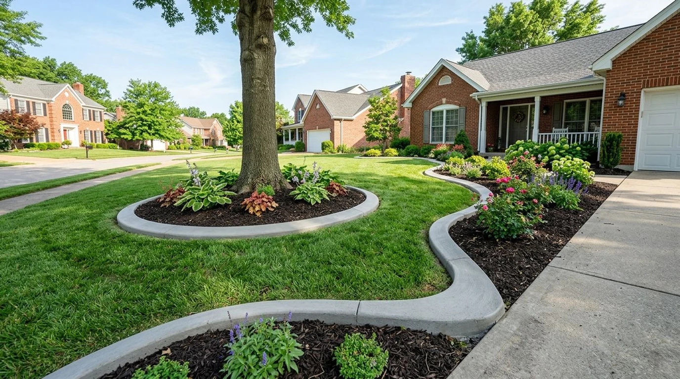 Concrete landscape edging installation wrapping around a tree ring in a St. Louis front yard