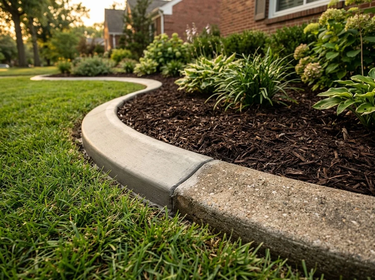 Repaired concrete curbing section with color match in a South County St. Louis yard