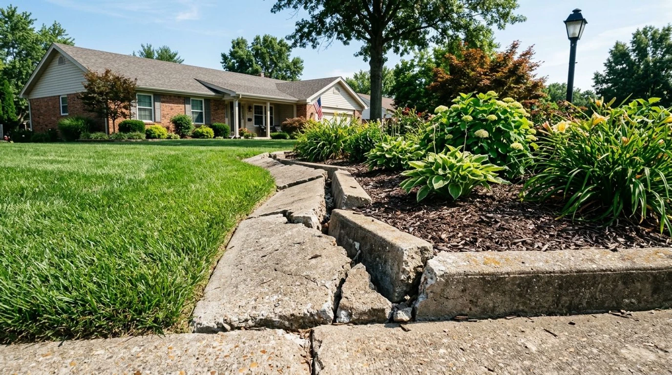Damaged concrete curbing with frost heave cracks before repair in Greater St. Louis, Missouri