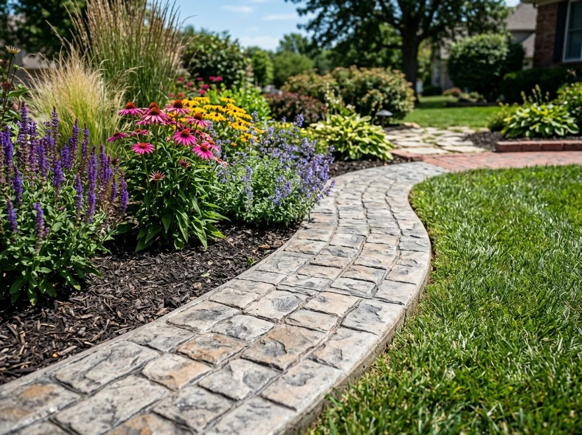 Stamped concrete curbing with cobblestone pattern alongside a garden bed
