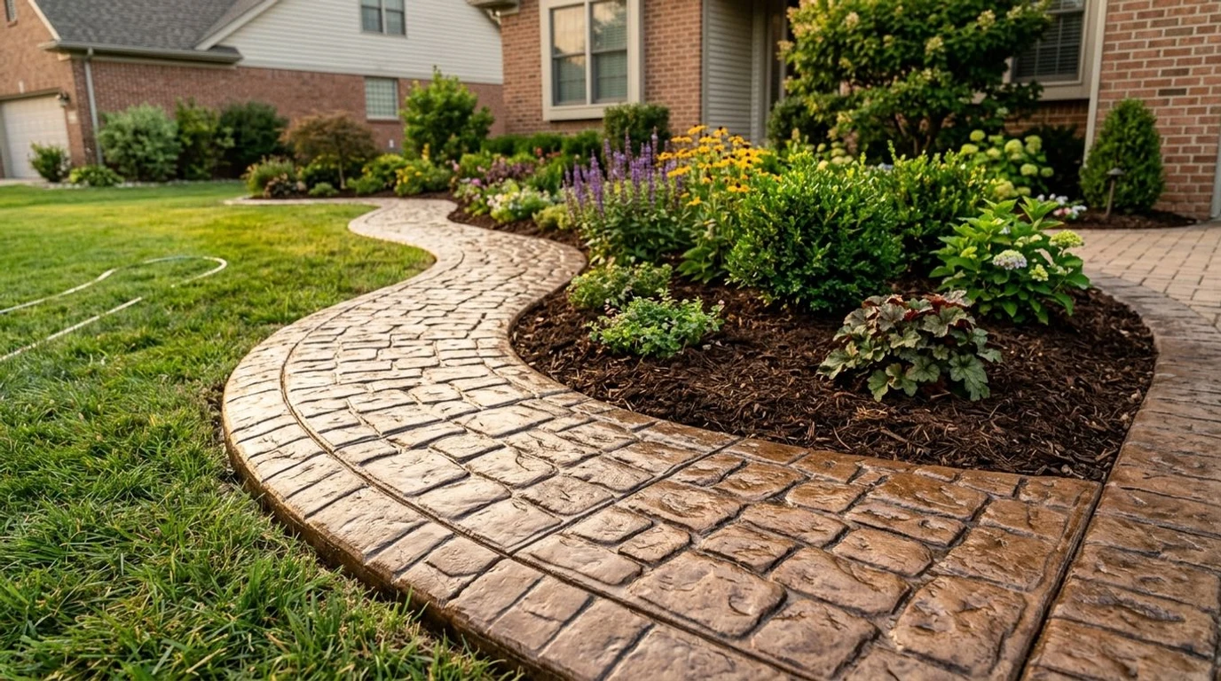 Decorative concrete curbing with color and stamped texture installed in a Greater St. Louis front yard