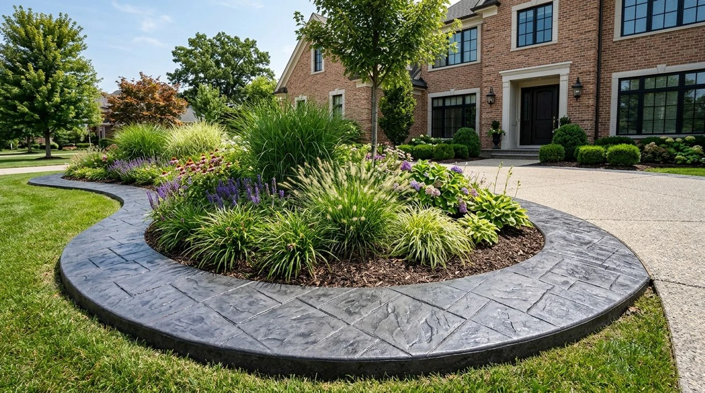Close-up of decorative curbing showing stamped texture and color coordination in St. Louis