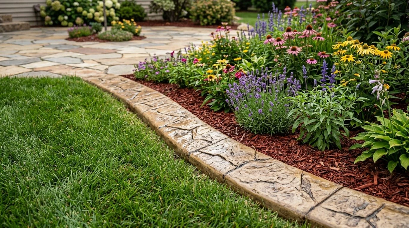 Random stone stamped decorative concrete curbing near a patio in Missouri