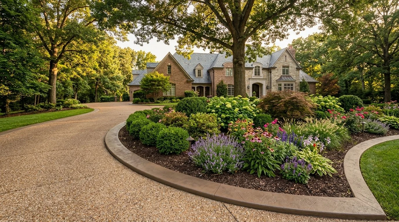 Custom decorative concrete curbing at a luxury Frontenac, Missouri residence