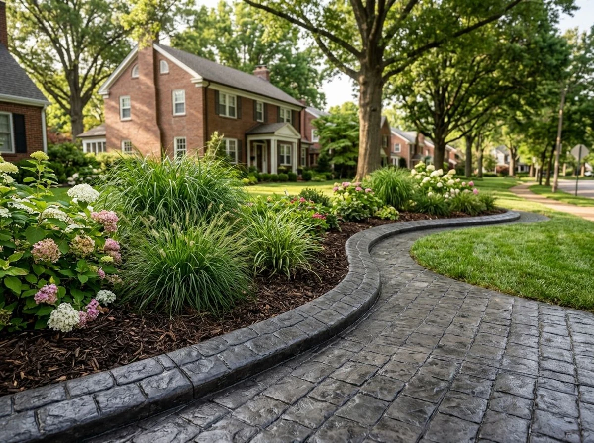 Stamped concrete curbing in a Kirkwood, Missouri residential garden