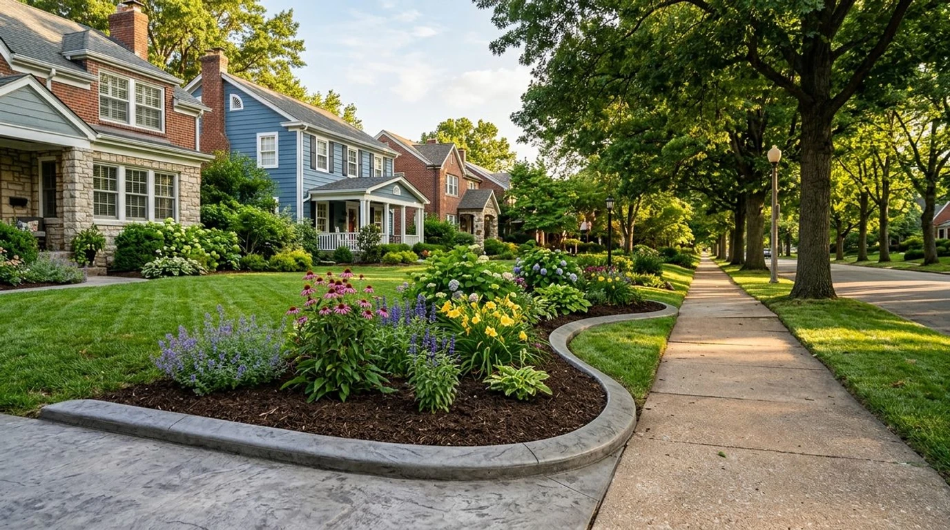 Decorative concrete curbing along a landscaped yard in Kirkwood, Missouri