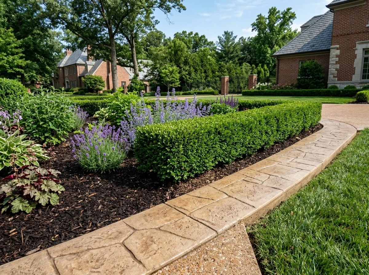 Stamped concrete curbing with flagstone pattern bordering a formal garden in Ladue, Missouri