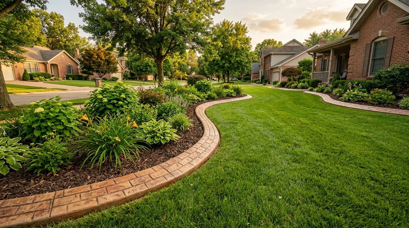 Stamped brick pattern concrete curbing along a curved landscape bed in a St. Louis front yard