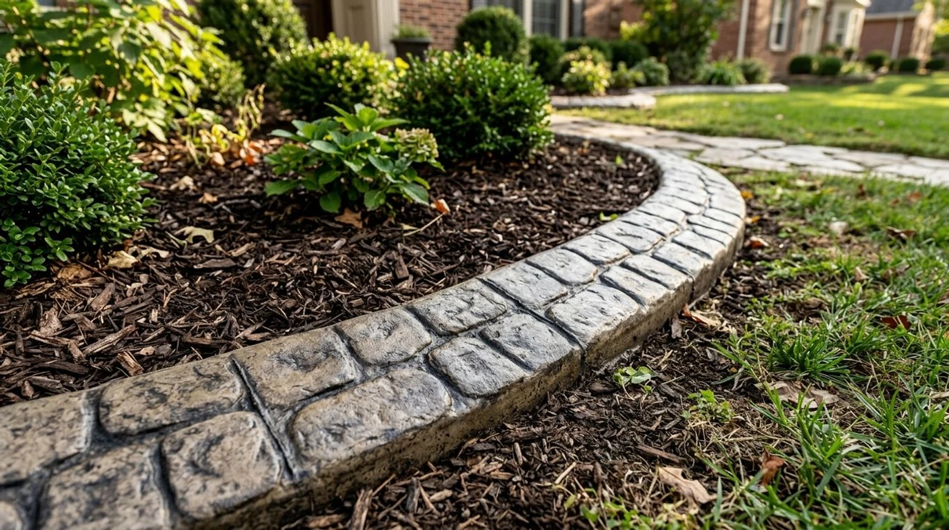 Stamped concrete curbing with cobblestone pattern installed in Greater St. Louis, Missouri